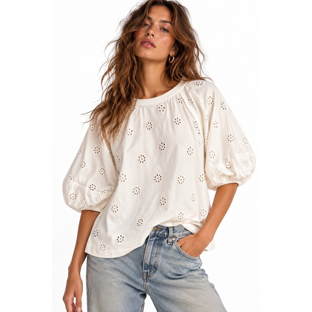 Free People Jessie Eyelet Tee Whisper White Puff Sleeve Top Womens S NWT